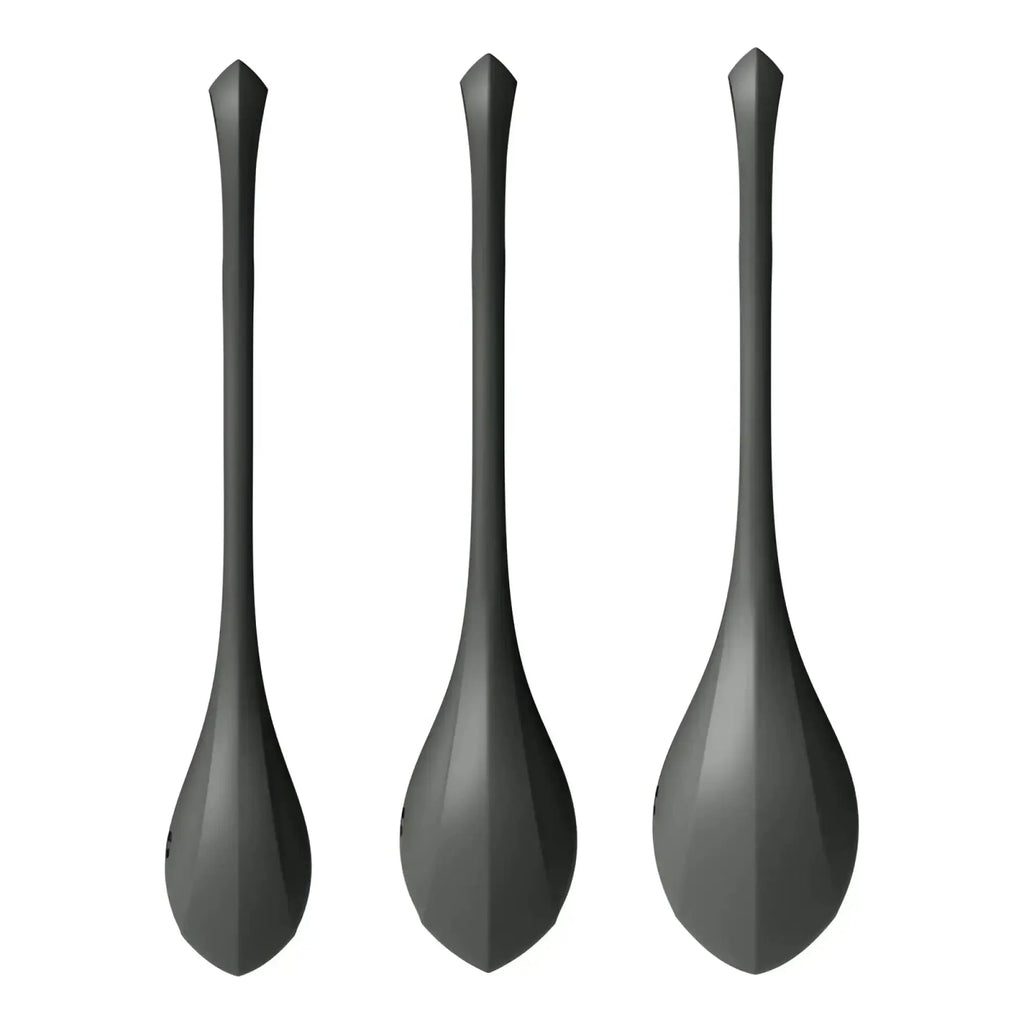 Set of three sleek matte black satisfyer yoni power balls with modern geometric design in a 3 piece set