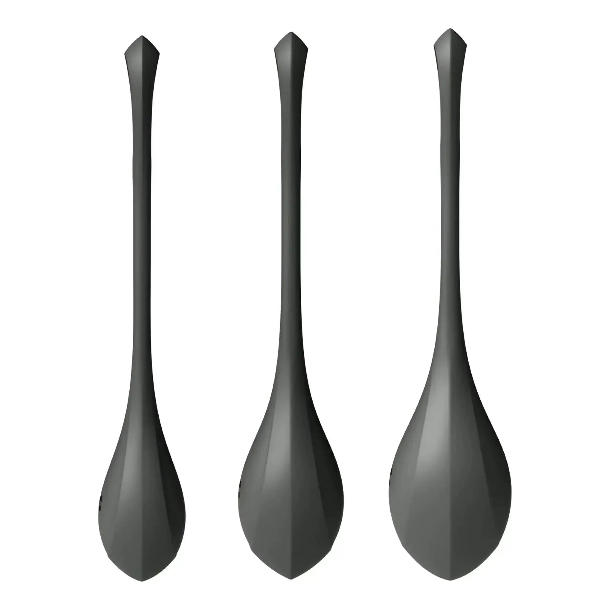 Set of three sleek matte black satisfyer yoni power balls with modern geometric design in a 3 piece set