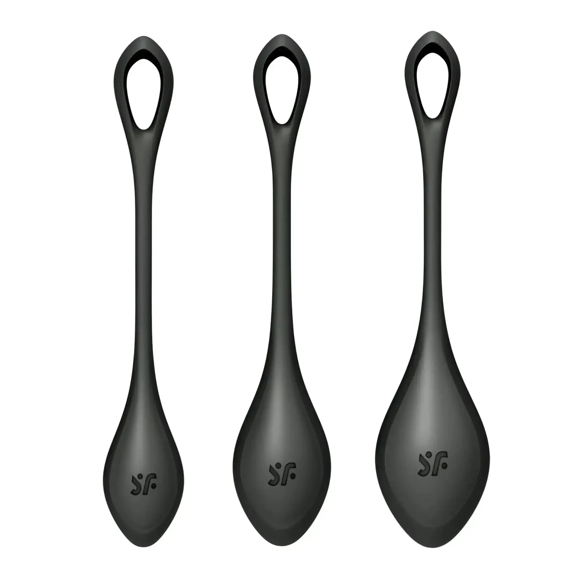 Three sleek black silicone spoons with teardrop design and loop handle from satisfyer yoni power balls 2 set