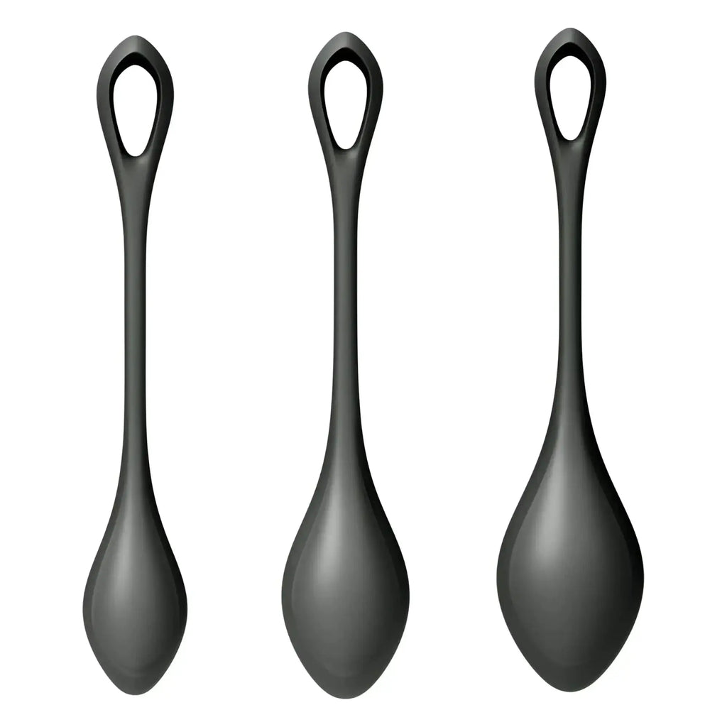 Three black silicone spoons with modern teardrop design and looped handles from satisfyer yoni power balls 2 set