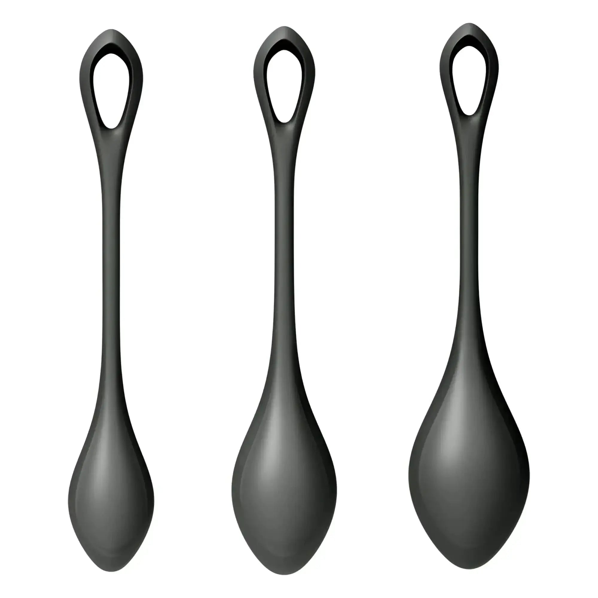 Three black silicone spoons with modern teardrop design and looped handles from satisfyer yoni power balls 2 set