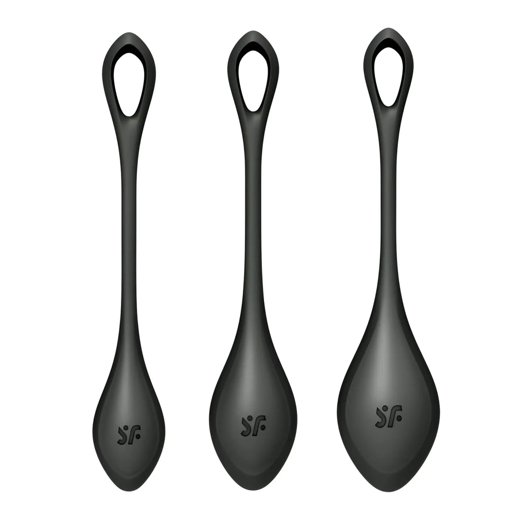 Three sleek black silicone spoons with teardrop design and loop handle from satisfyer yoni power balls 2 set