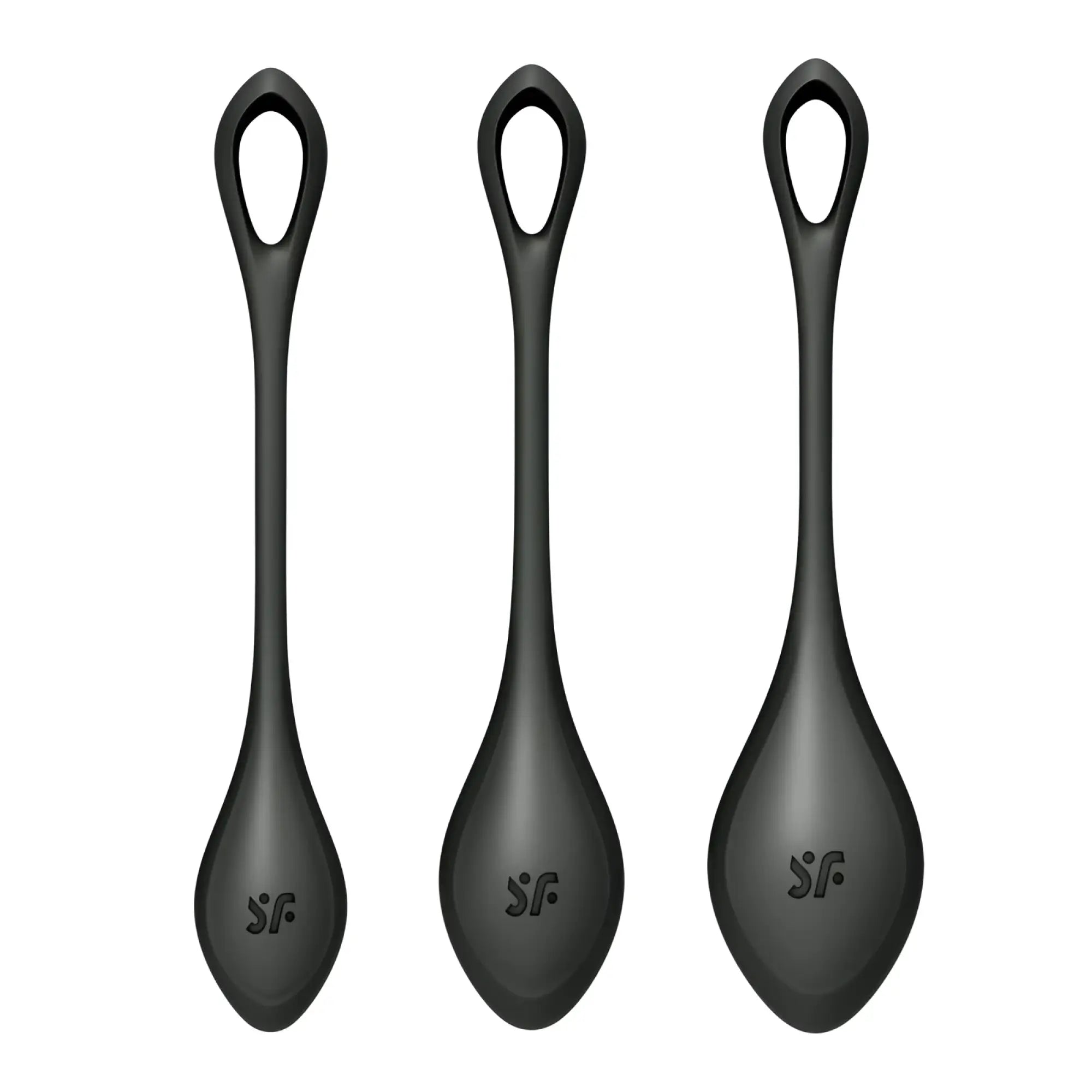 Three sleek black silicone spoons with teardrop design and loop handle from satisfyer yoni power balls 2 set