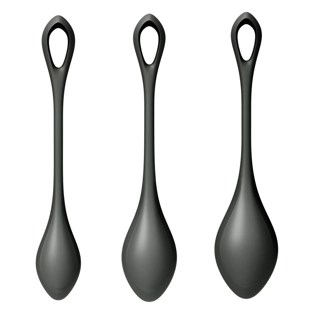 Three black silicone spoons with modern teardrop design and looped handles from satisfyer yoni power balls 2 set