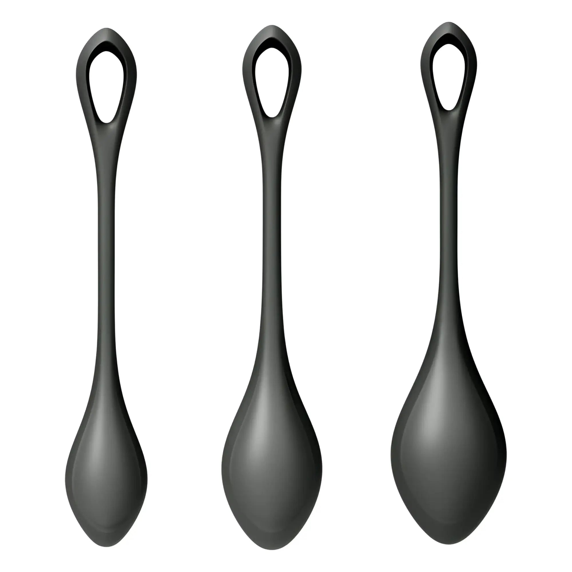 Three black silicone spoons with modern teardrop design and looped handles from satisfyer yoni power balls 2 set