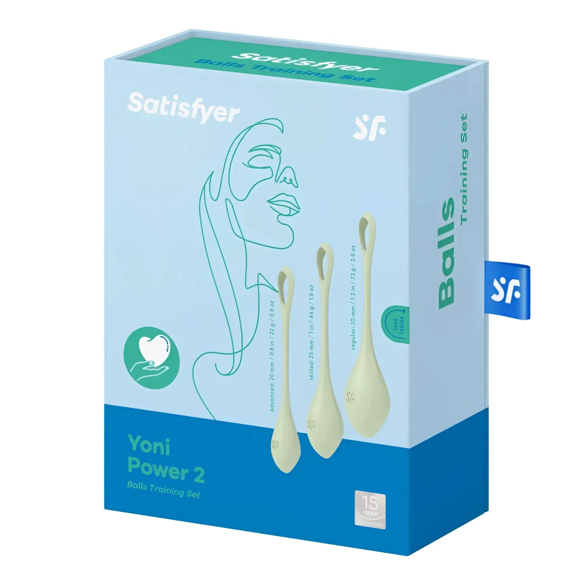 Satisfyer yoni power balls 2 green 3 pc set with three beige silicone balls and looped handles in blue teal box