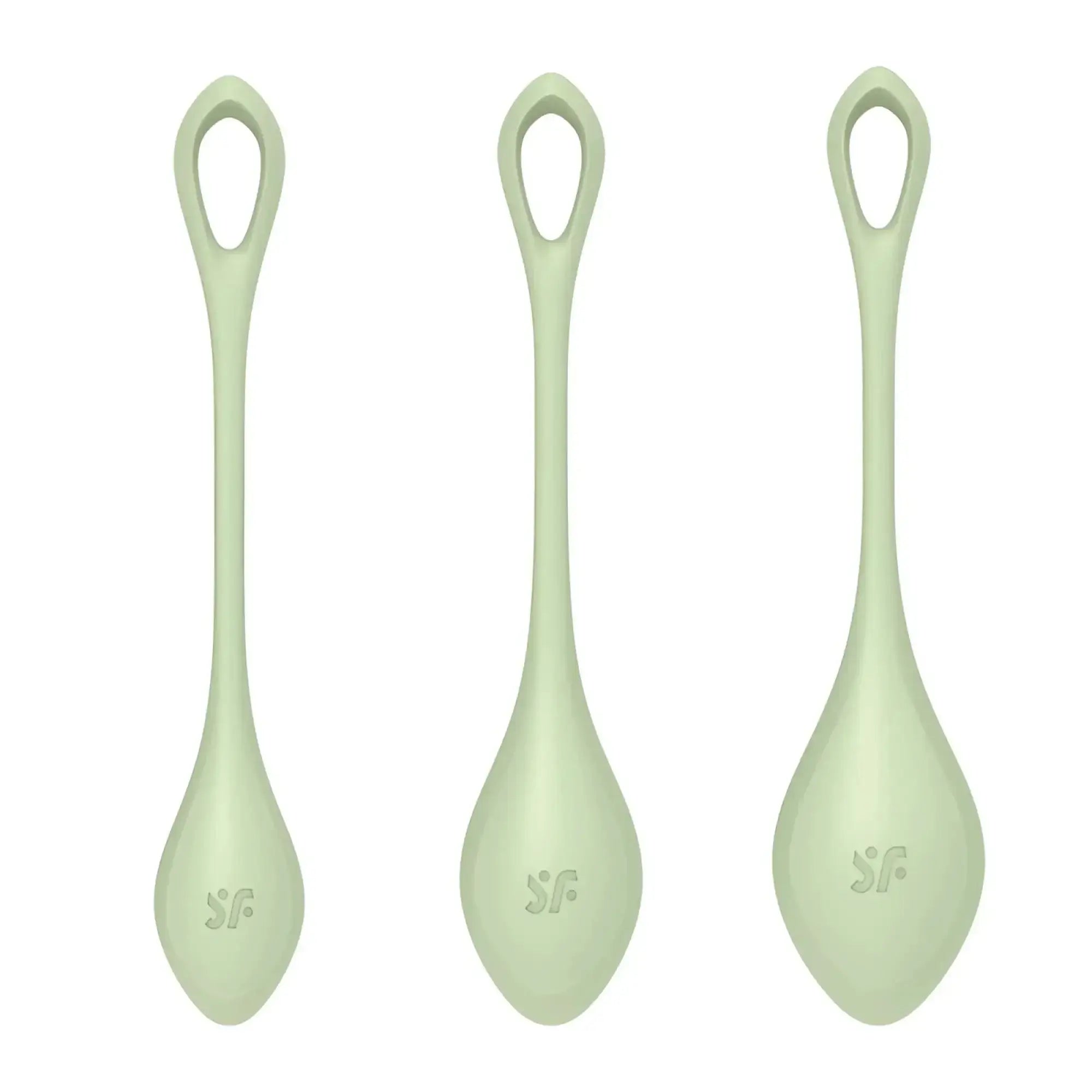 Set of three pale green silicone Satisfyer Yoni Power Balls spoons with sleek design and embossed sf logo
