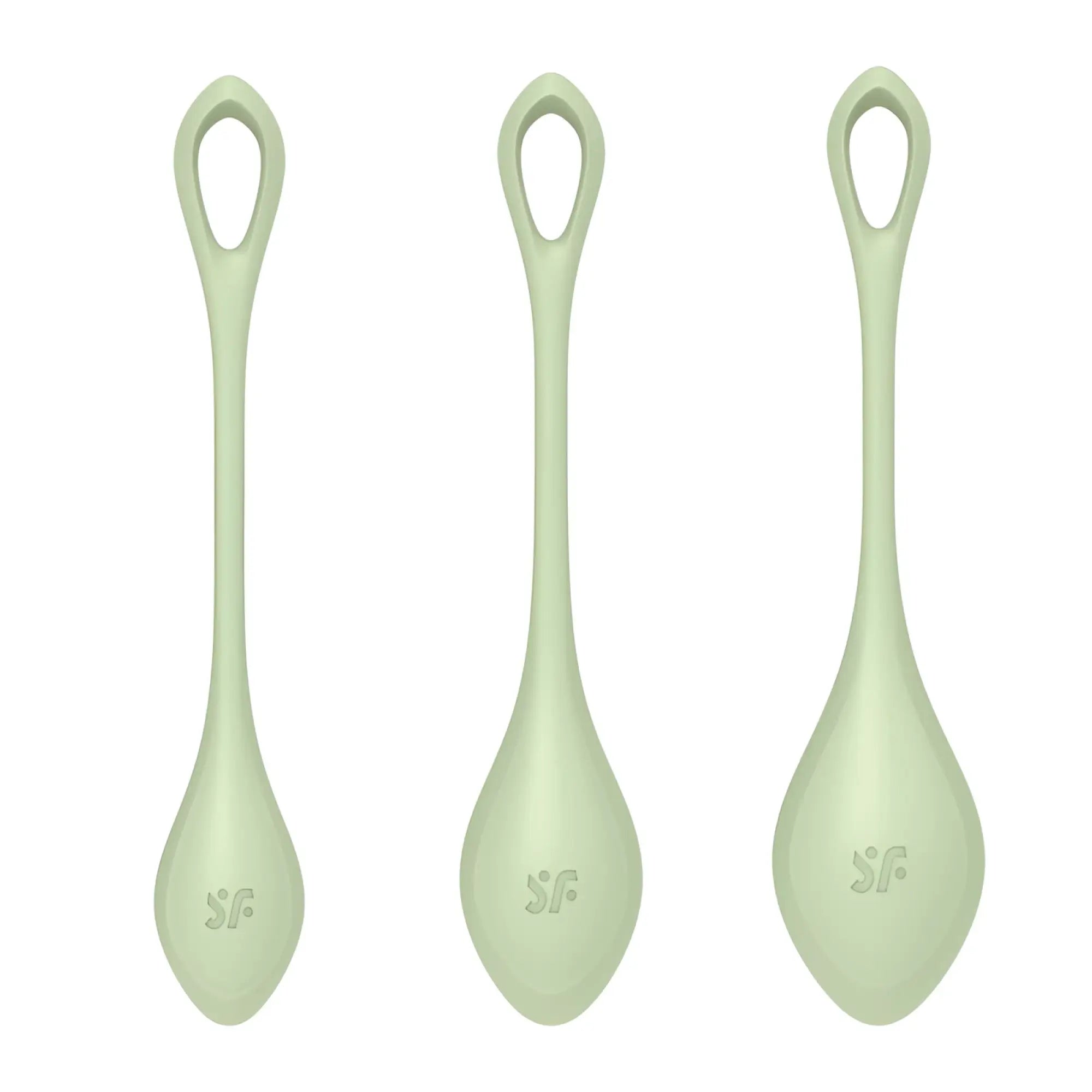 Set of three pale green silicone Satisfyer Yoni Power Balls spoons with sleek design and embossed sf logo