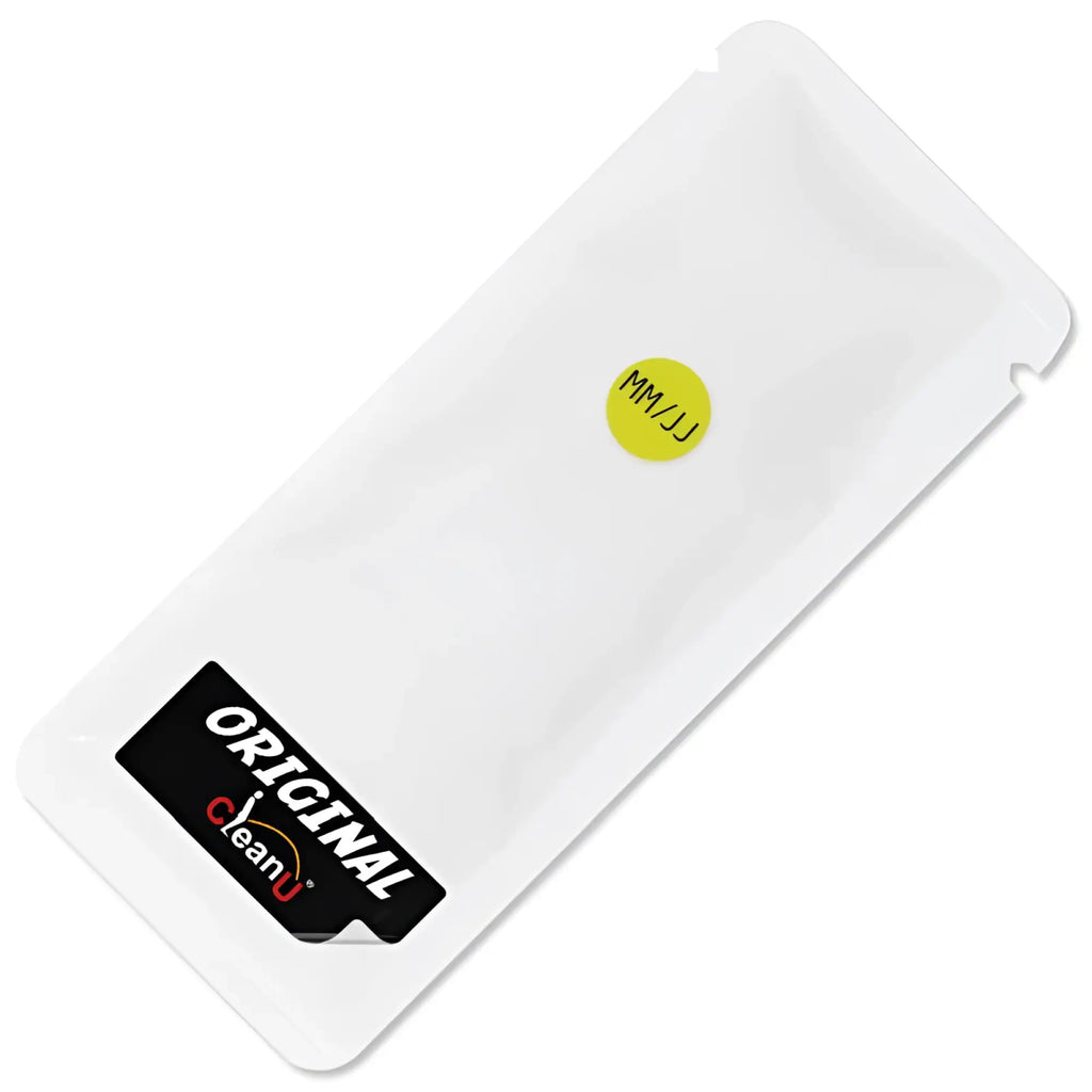 White plastic pouch of screenyweeny cleanurin 25ml with black original cleanu label and yellow mm jj sticker