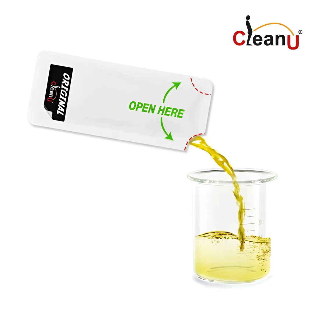 White rectangular packet of cleanu original cleaning solution with green open here arrows and black brand label for ScreenyWeeny CleanUrin 25ml