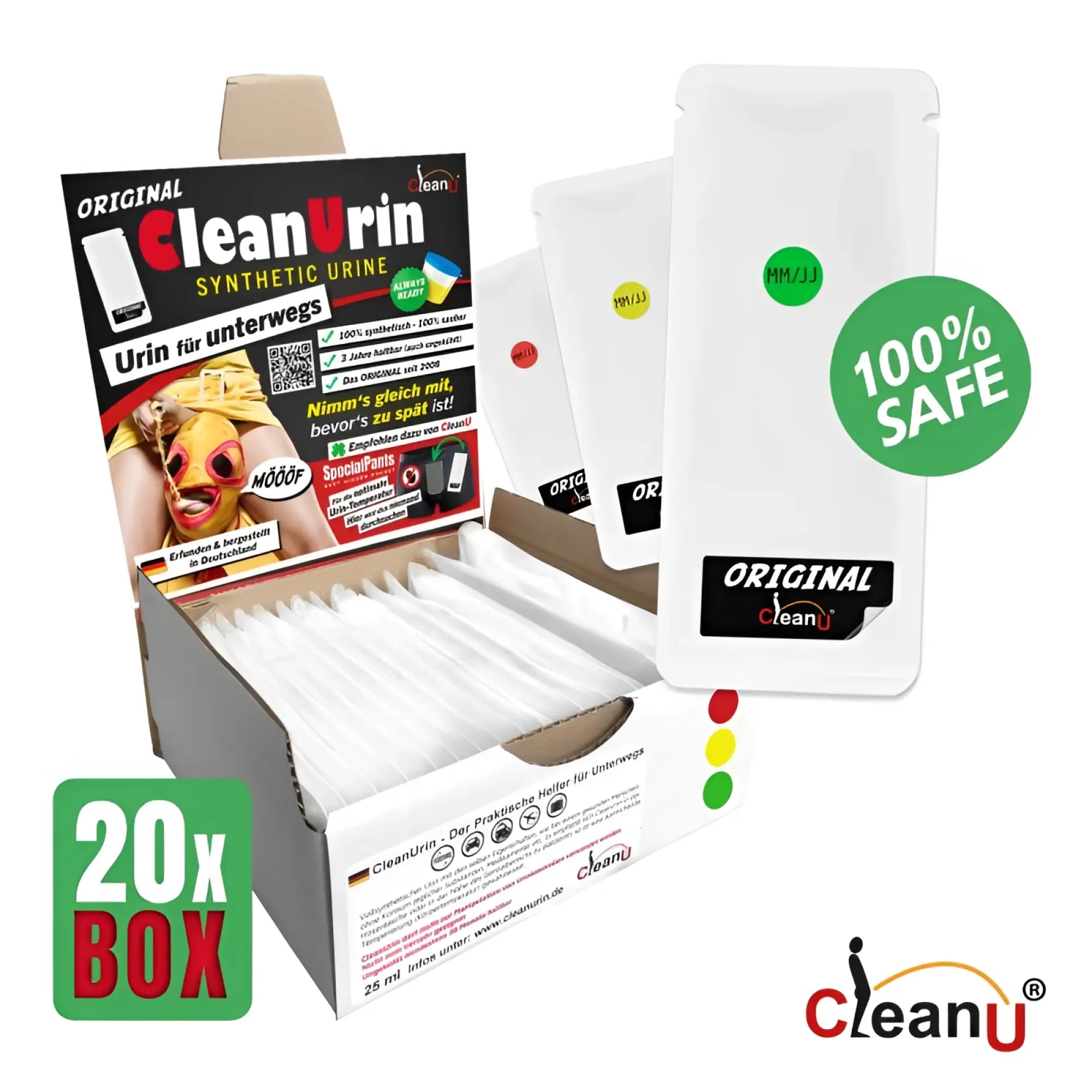 White synthetic urine packets in a box branded cleanu for screening labeled screenyweeny cleanurin 25ml