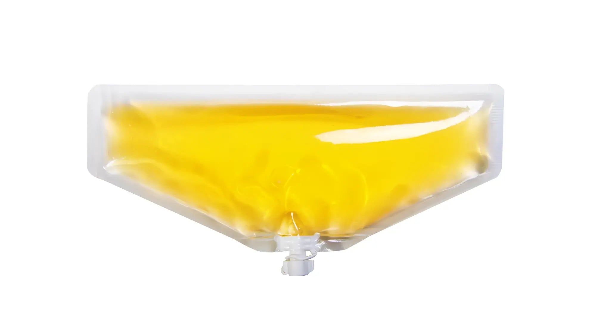 A transparent rectangular pouch of screenweeny screenurin refill pack with vibrant yellow gel sealed at the bottom