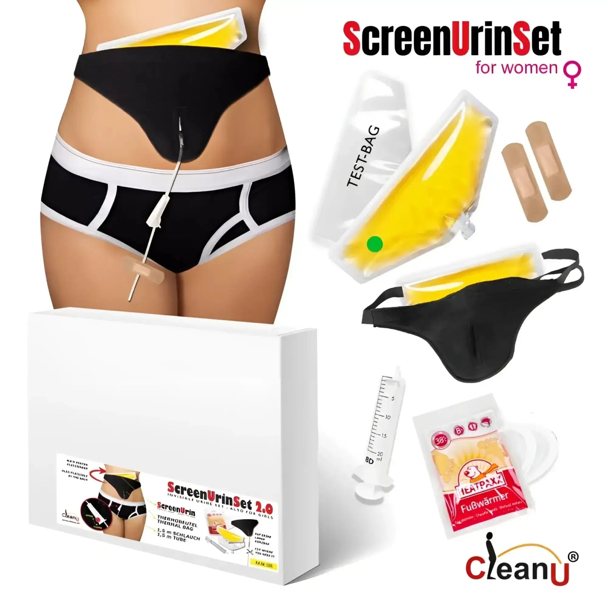Black and white underwear with yellow thermal bag attached front in ScreenyWeeny ScreenUrin set for her
