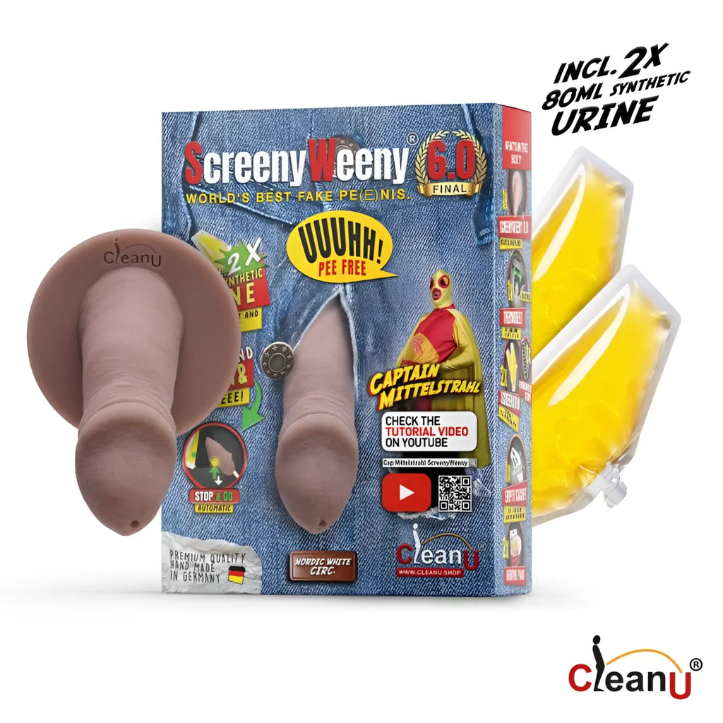 Screenyweeny 6.0 cut nordic white synthetic fake penis with realistic flesh tone and attached cleaning cap
