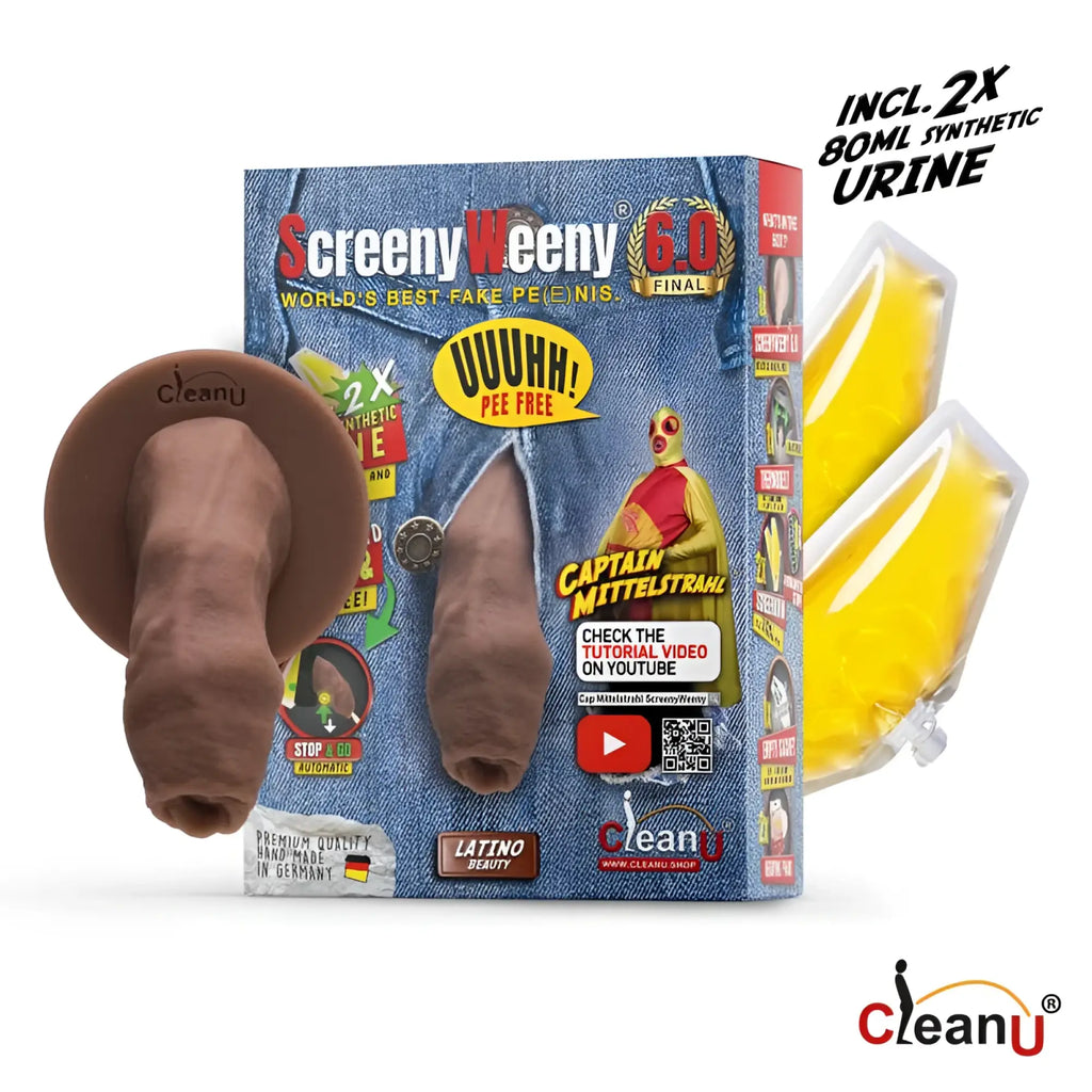 Brown silicone fake pee device screeny weeny 6.0 uncut latino brown with circular base and attached yellow synthetic urine bag