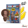 Brown silicone fake pee device screeny weeny 6.0 uncut latino brown with circular base and attached yellow synthetic urine bag