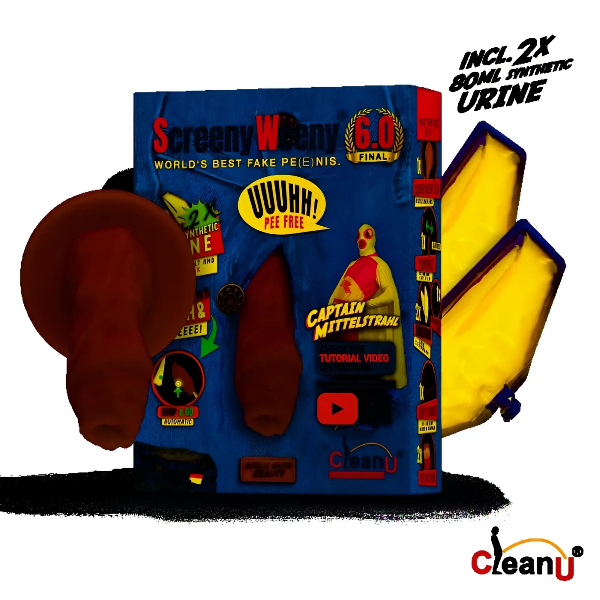 Blue packaged synthetic urine collection bags with yellow and red pouches for screenyweeny 6.0 uncut nordic white