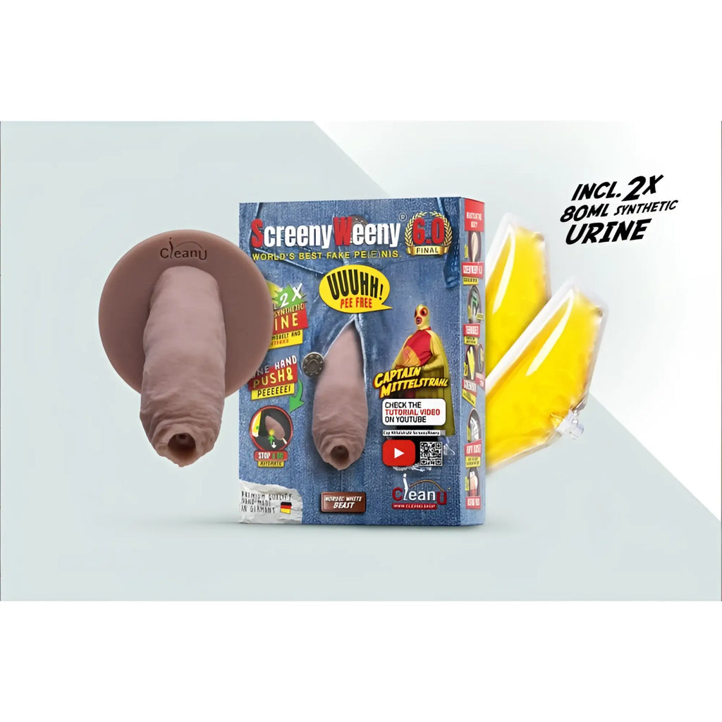 The screeny weeny 6.0 uncut nordic white realistic beige silicone fake pee penis with circular base and synthetic urine pouches