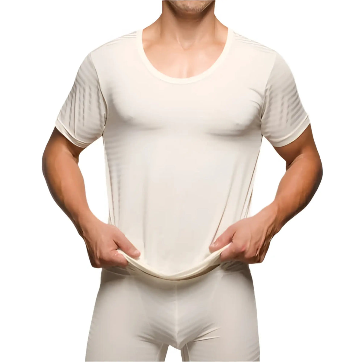 A sleek off-white seamless active nylon short-sleeved athletic shirt with subtle textured sleeve panels