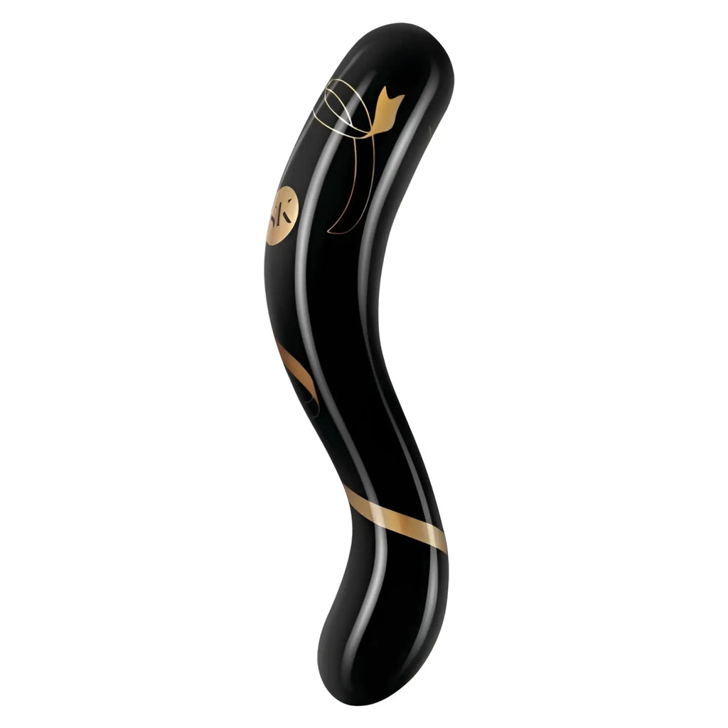 Black glossy finished Secret Kisses handblown double ended dildo with gold leaf floral motif 7in