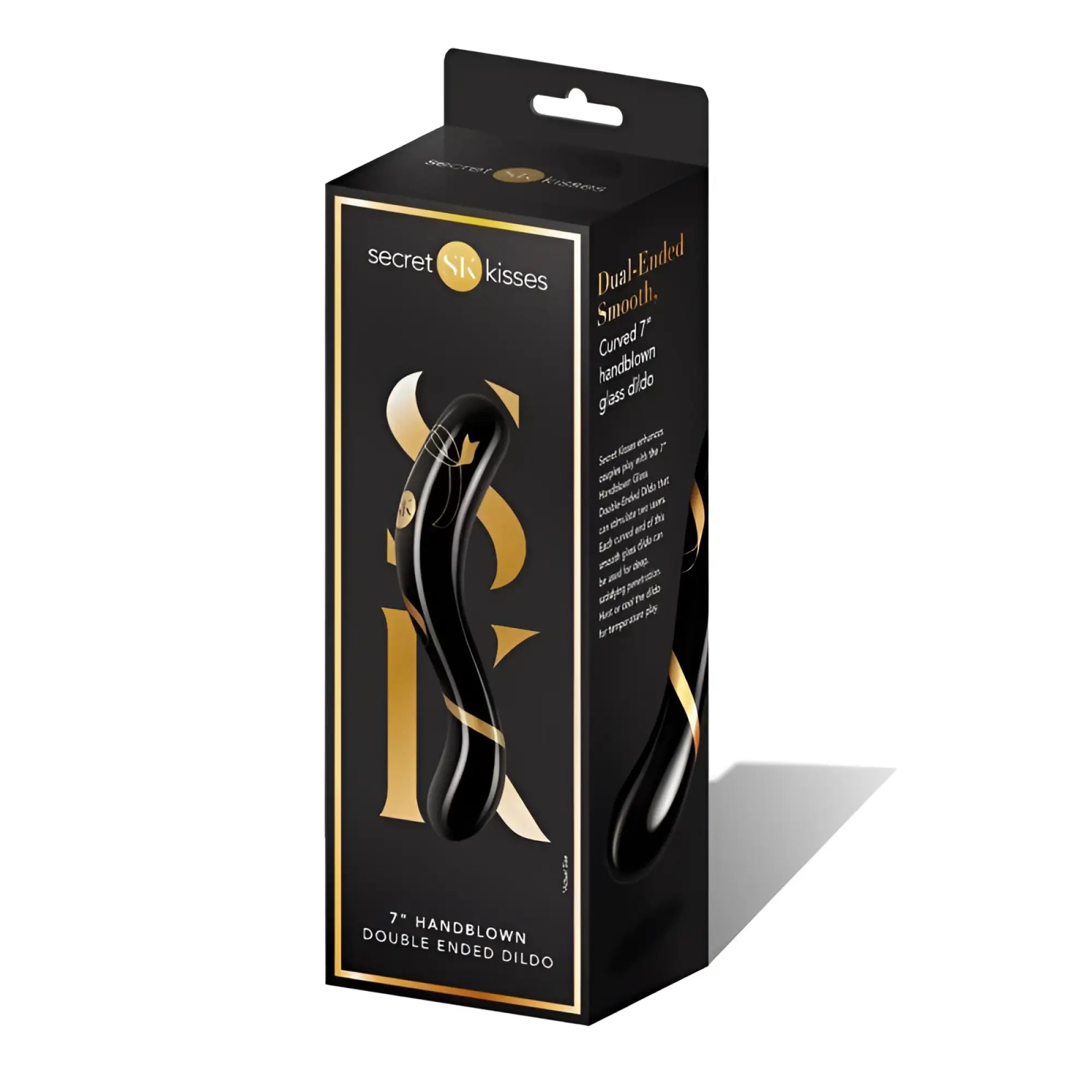 Black and gold secret kisses 7-inch handblown glass double ended dildo in branded packaging