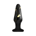 Black silicone Secret Kisses handblown glass plug 3.5in with elegant gold leaf and white line detailing