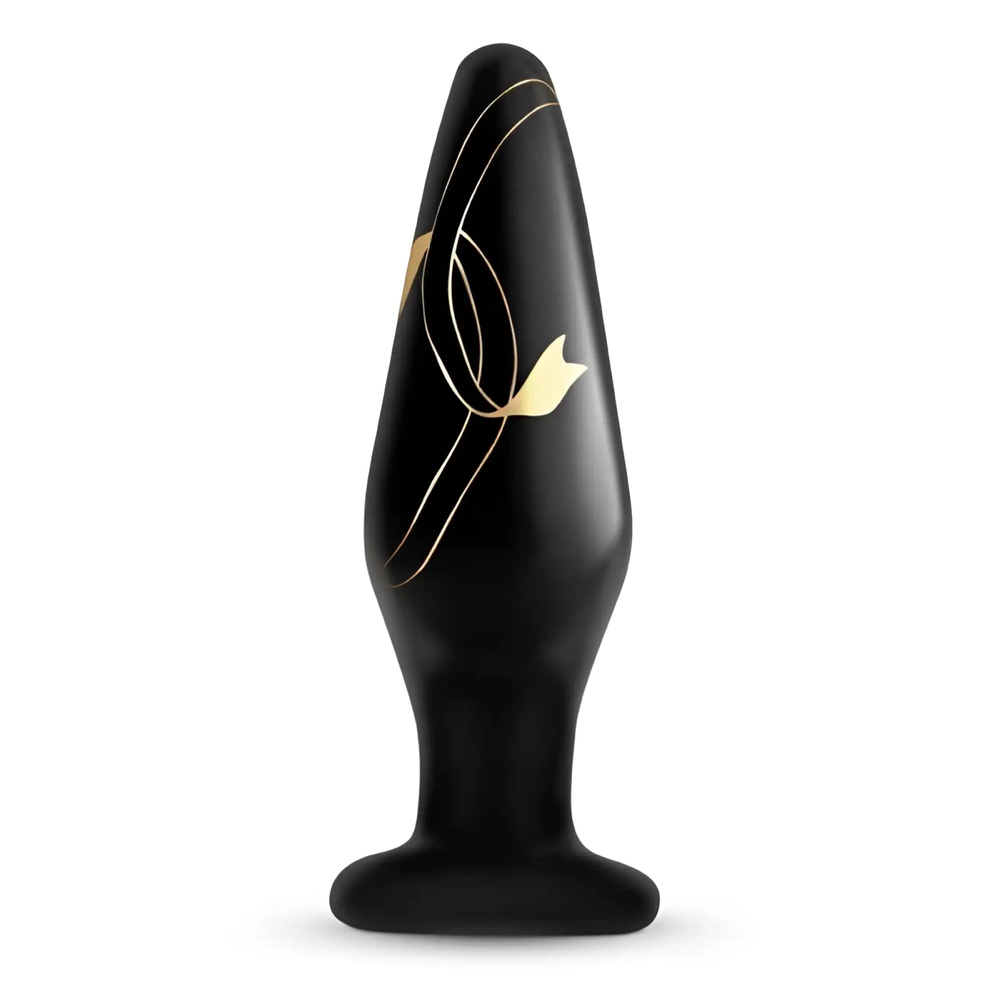 Black anal plug with gold leaf detailing and stylized floral design handblown glass secret kisses 4.5in