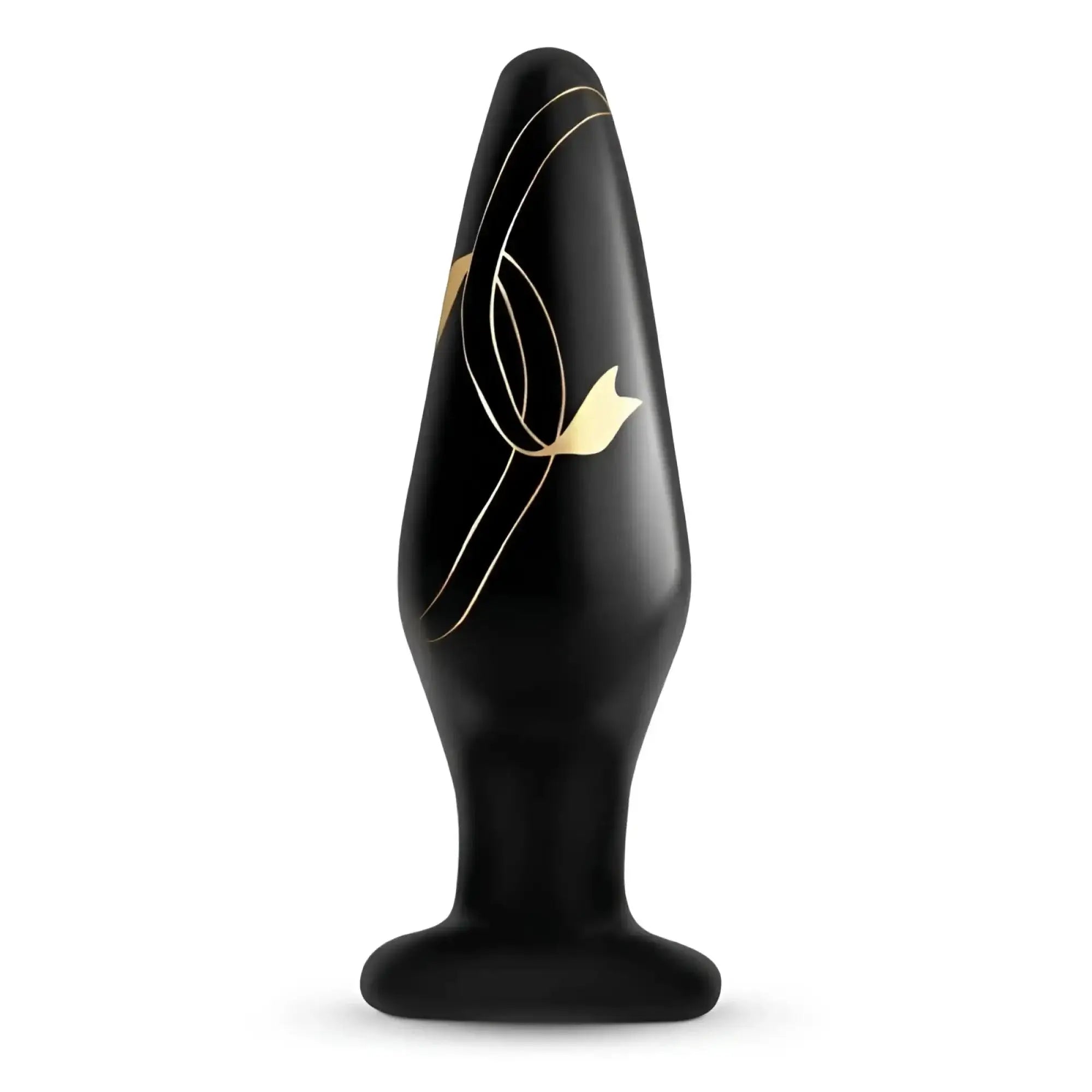 Black anal plug with gold leaf detailing and stylized floral design handblown glass secret kisses 4.5in