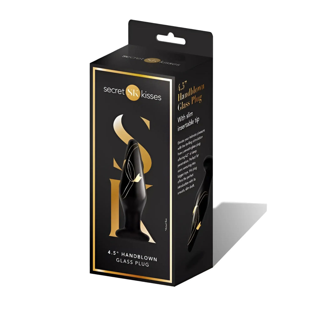 Black handblown glass plug with a slim insertable tip branded as Secret Kisses, measuring 4.5 inches