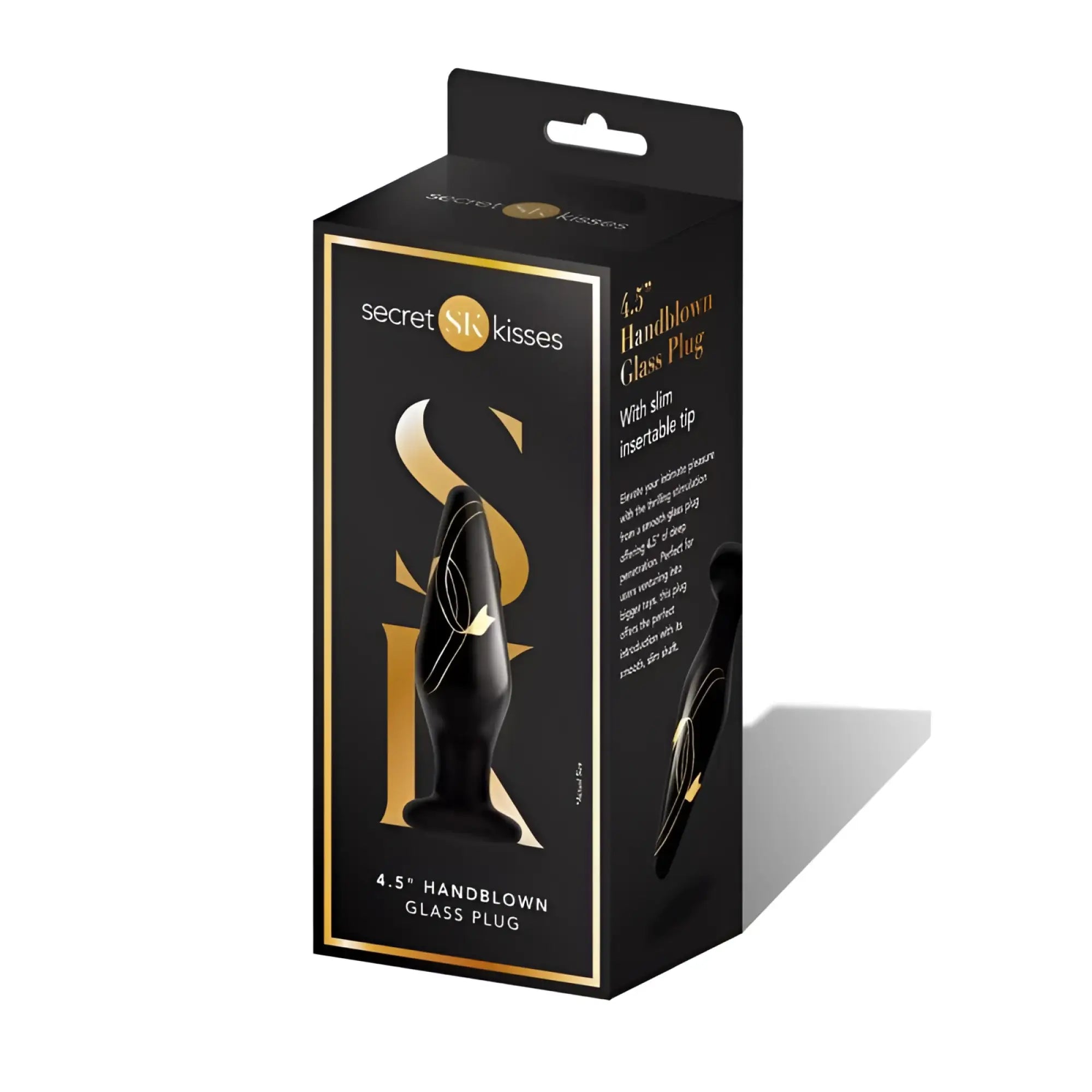 Black handblown glass plug with a slim insertable tip branded as Secret Kisses, measuring 4.5 inches