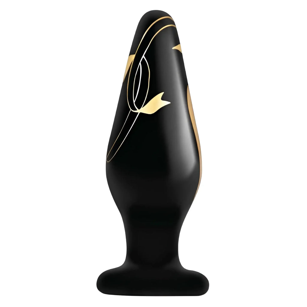 Black silicone anal plug with gold leaf floral design from secret kisses handblown wide glass plug 4.5in