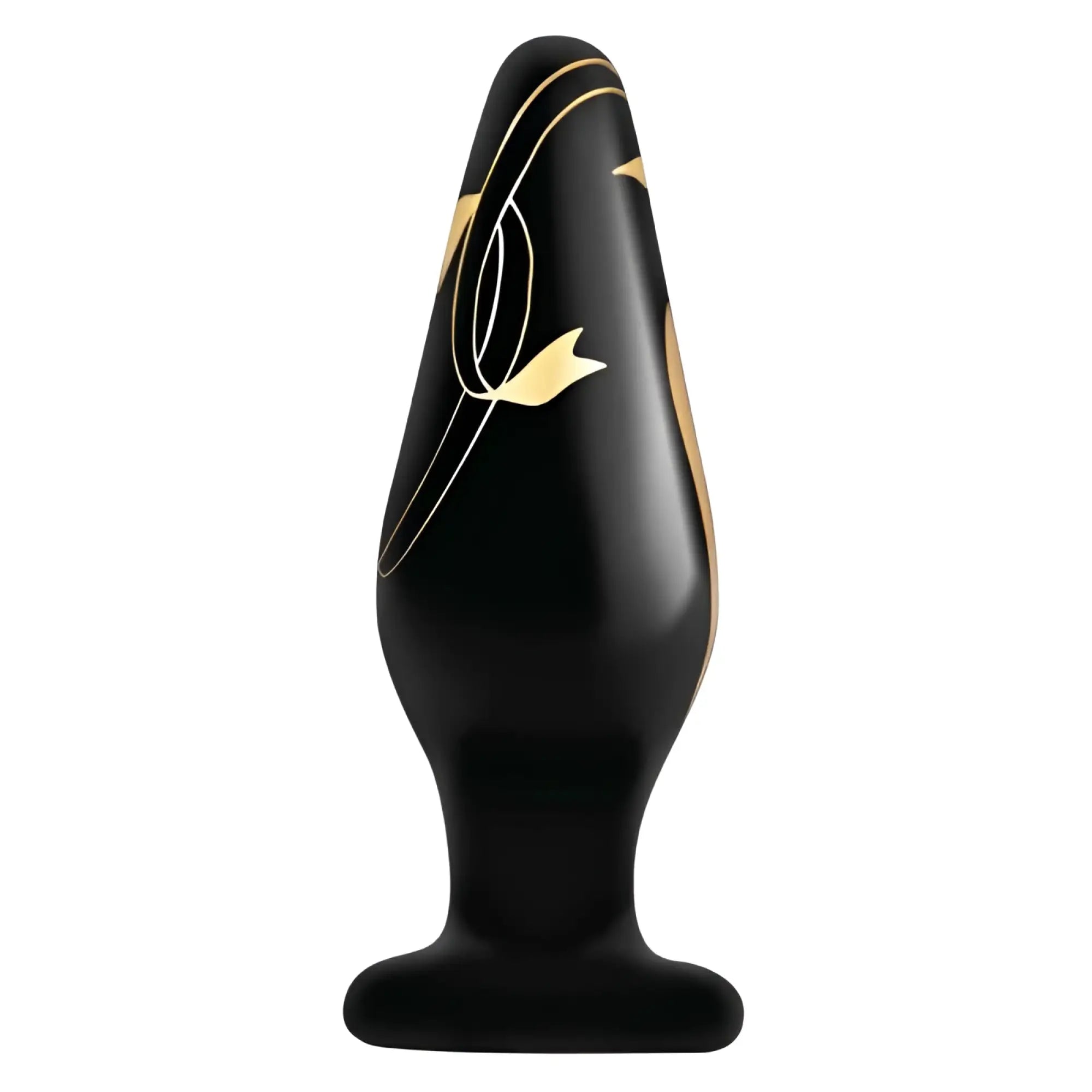 Black silicone anal plug with gold leaf floral design from secret kisses handblown wide glass plug 4.5in