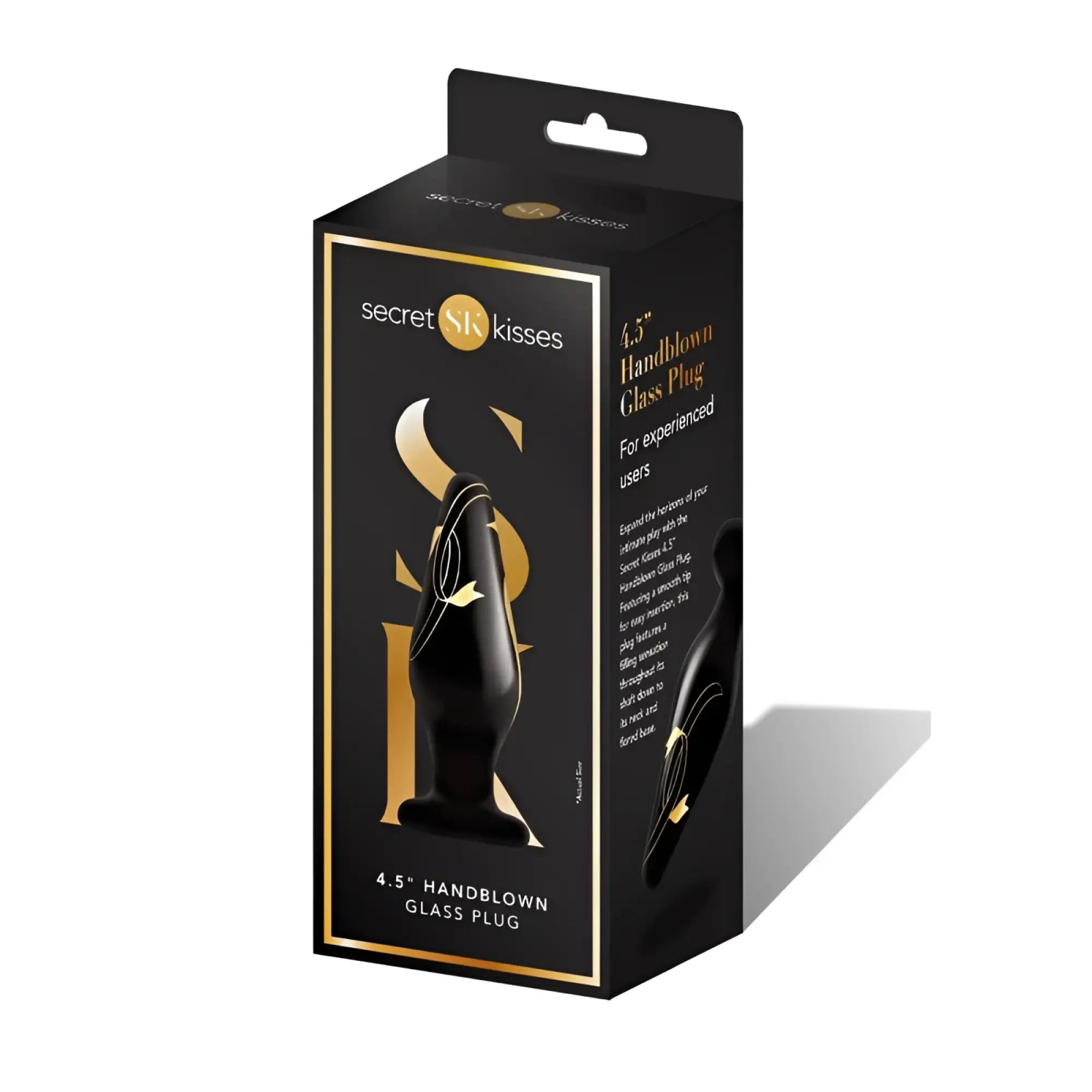 Secret Kisses handblown wide glass plug in black with gold-accented sleek box for 4.5 inch plug storage