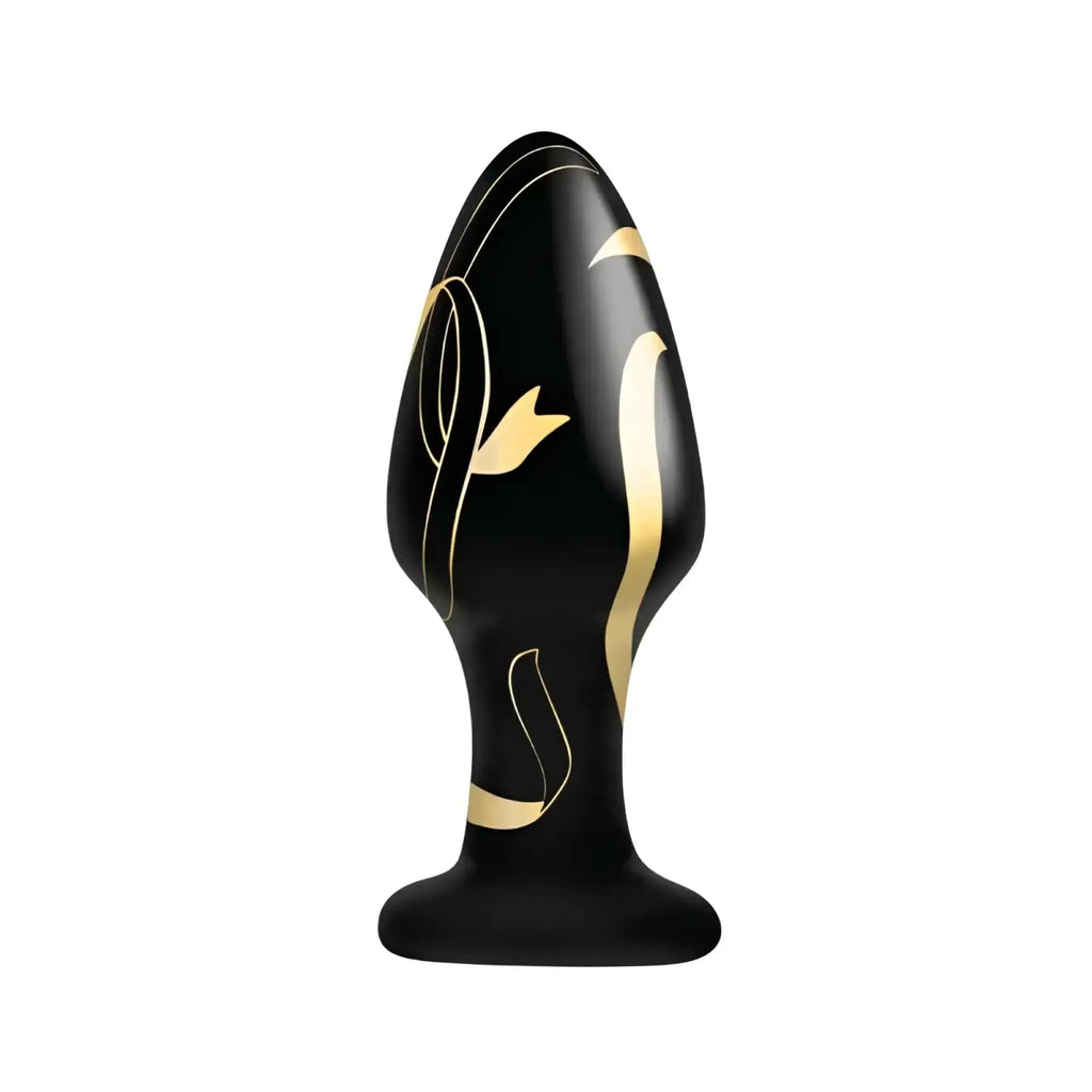 Secret Kisses handblown wide glass plug 4in black and gold with sleek curved design and abstract leaf patterns