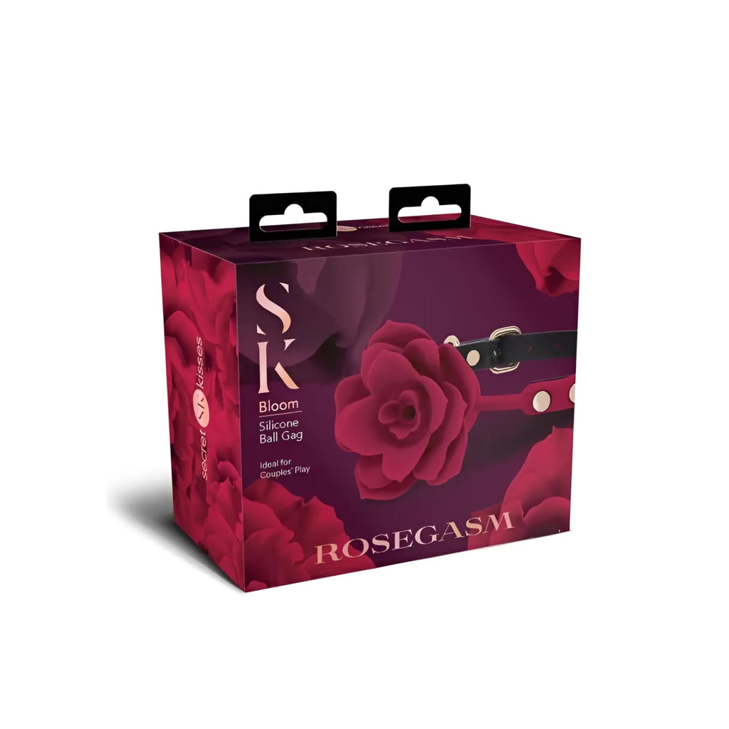 Secret Kisses rosegasm bloom silicone ball gag with black strap silver hardware and decorative white studs