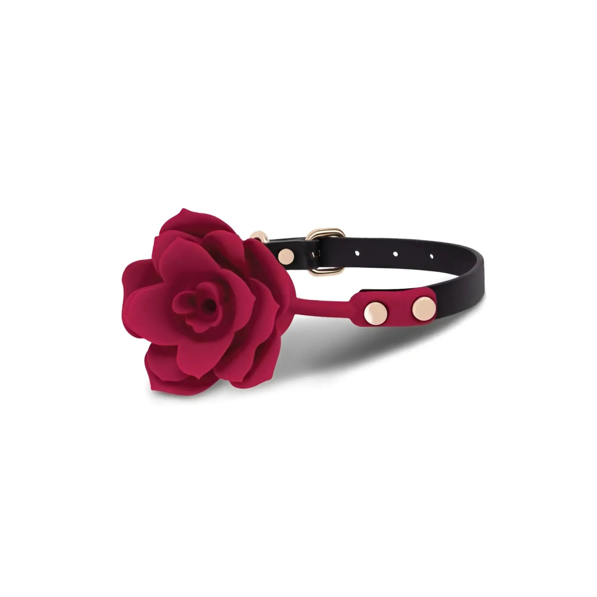 A sleek black leather choker with gold hardware featuring a deep red three-dimensional rose charm for silicone gag use