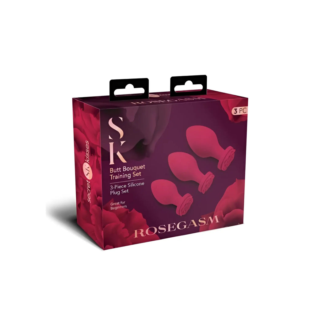 Secret Kisses Rosegasm butt bouquet training set is a 3-piece vibrant pink silicone plug set in an elegant rose box
