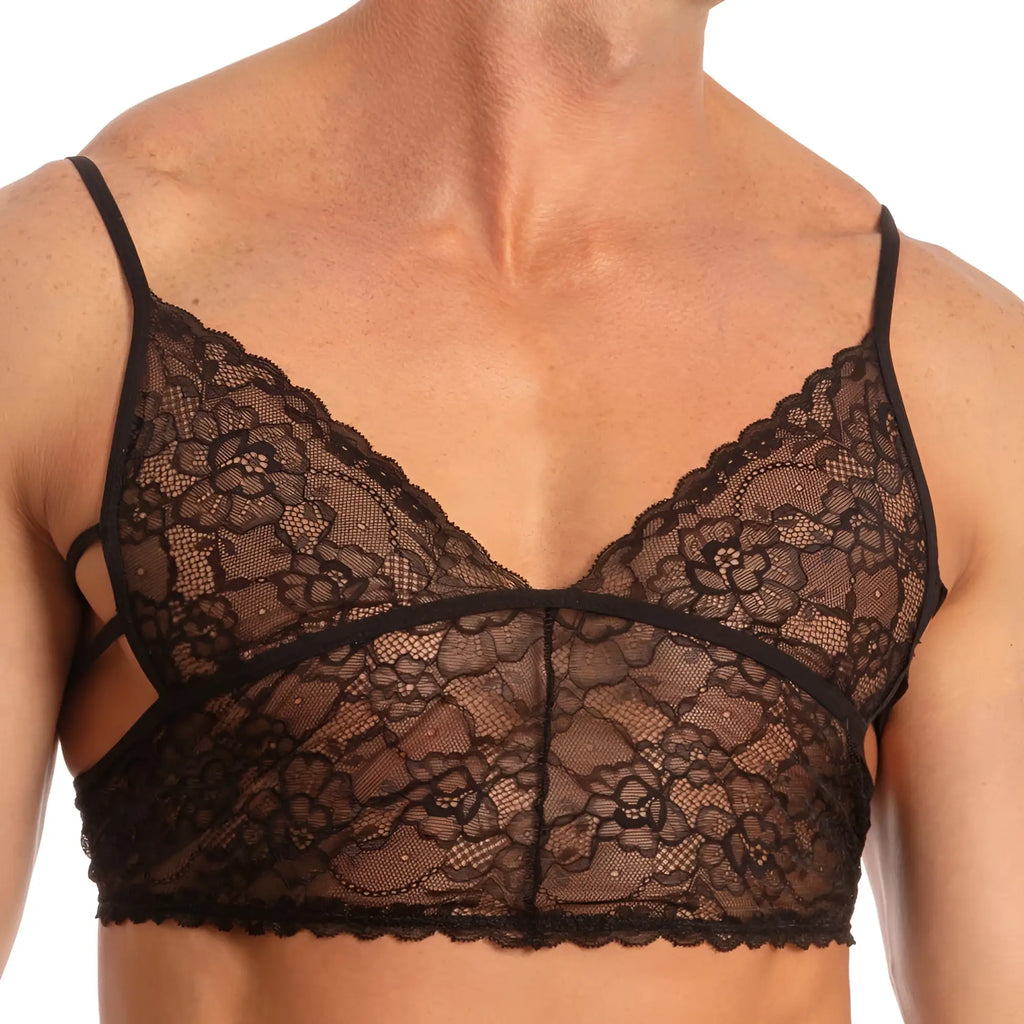 Black floral lace bra with intricate patterns and thin straps from Secret Male SMA018 tops and bras collection