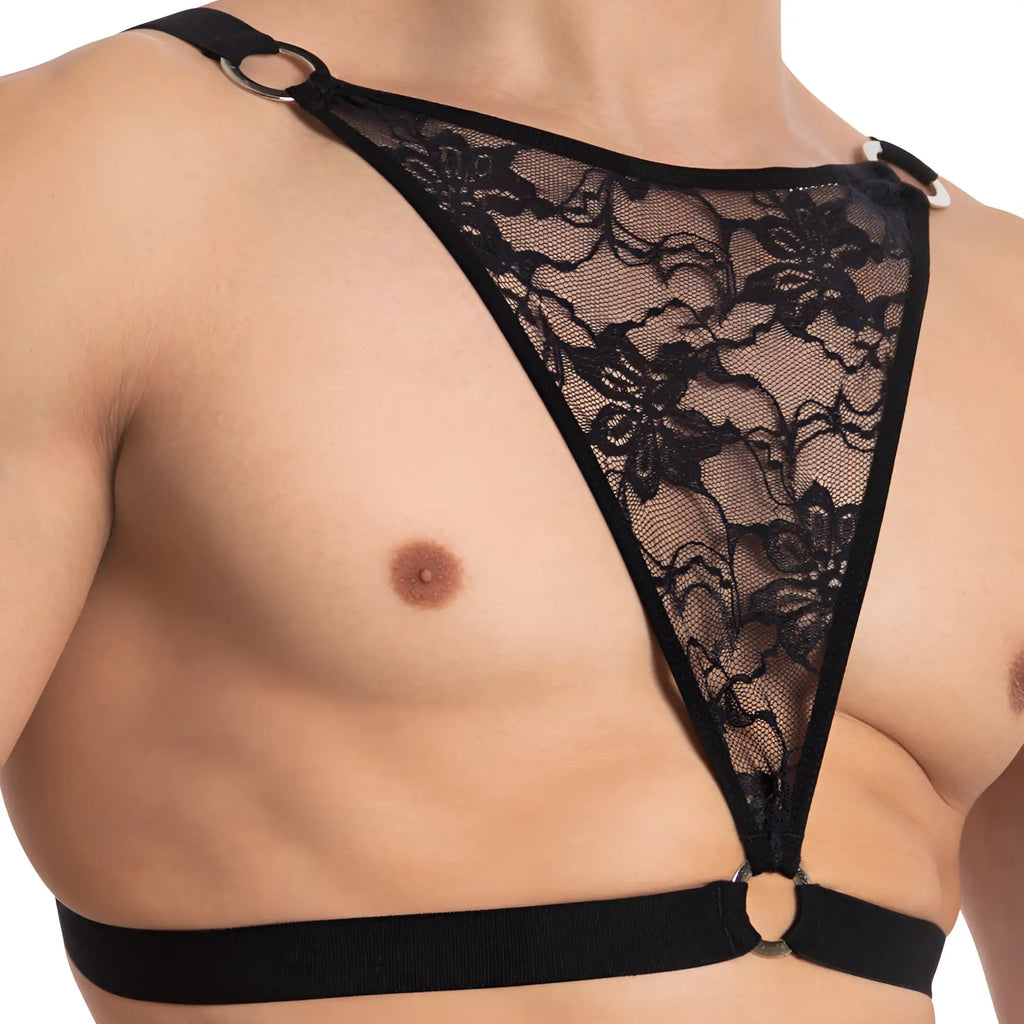Black lace triangular harness with adjustable straps and metal rings from secret male sma022 tops and bras collection