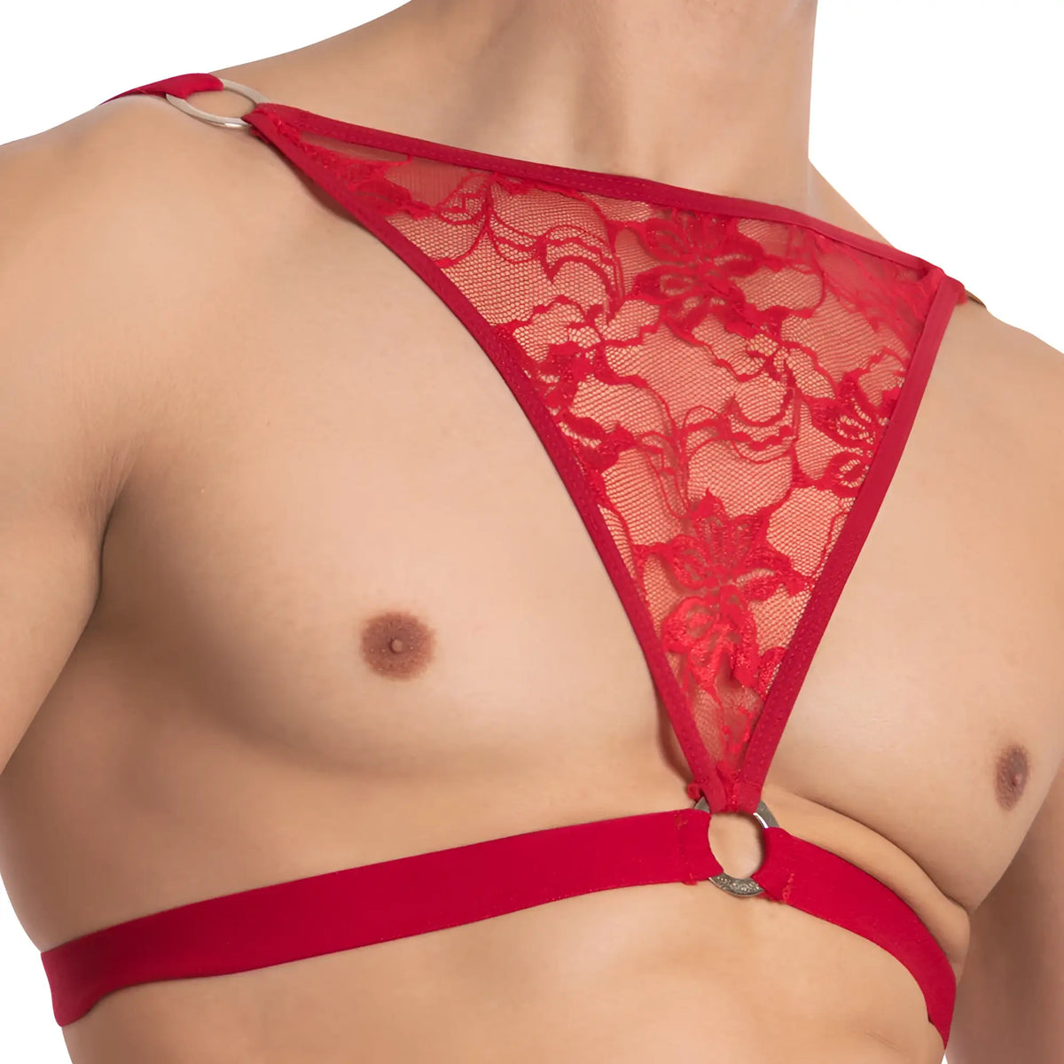 Red lace thong from secret male sma022 tops and bras with solid red waistband and silver toned metal rings