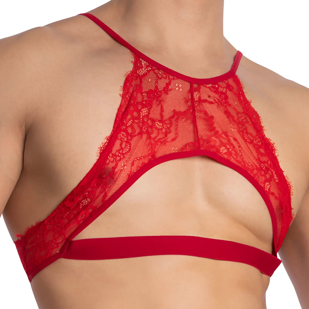 Secret Male SMA026 red lace halter top with delicate floral patterns and solid red band across the chest