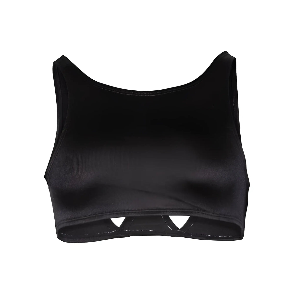 Black satin crop top with triangular cutouts at the bottom from secret male sma030 tops collection