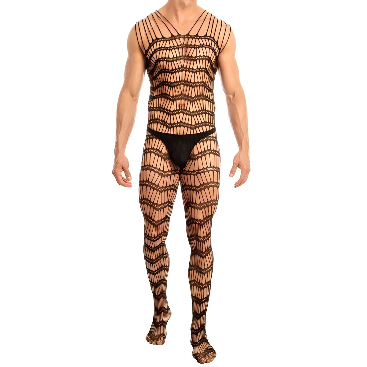 Black fishnet bodysuit with sheer mesh texture and intricate wavy pattern from secret male smc001 harness collection