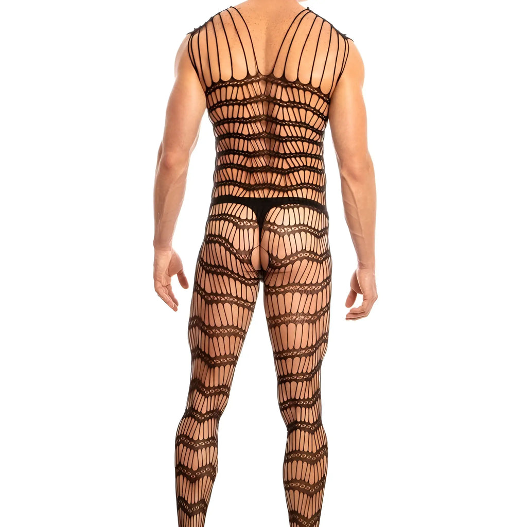 Black fishnet bodysuit with intricate lace-like patterns and tight form-fitting design from secret male smc001 collection
