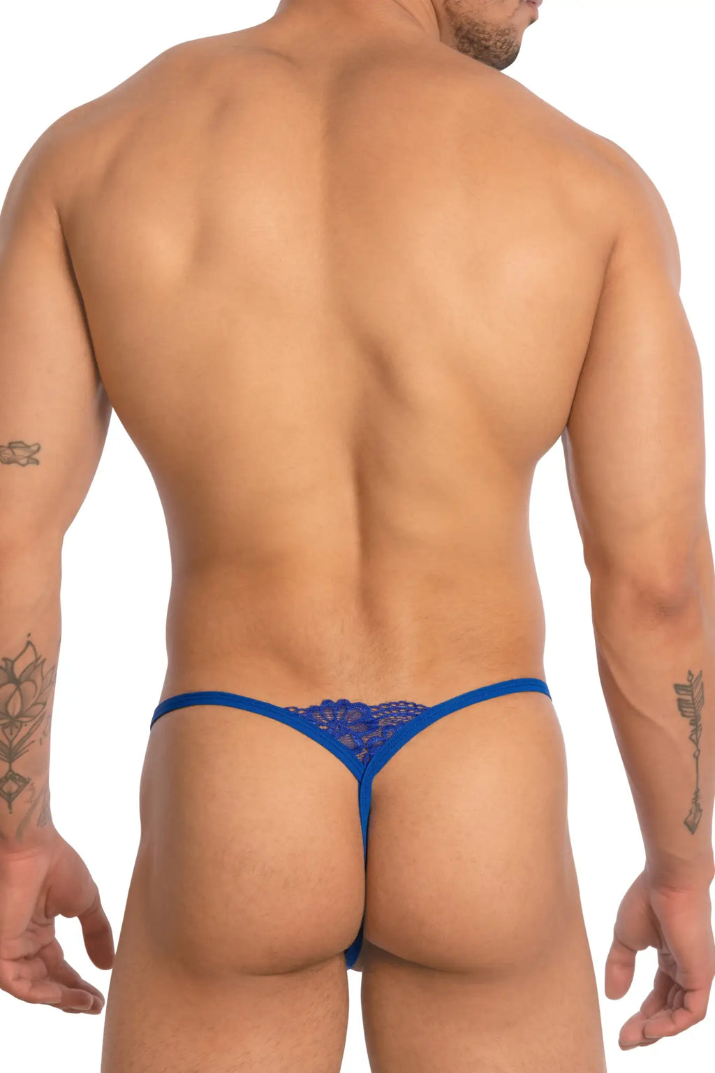 Blue lace thong bikini brief with decorative pattern from secret male smc0015 collection front view