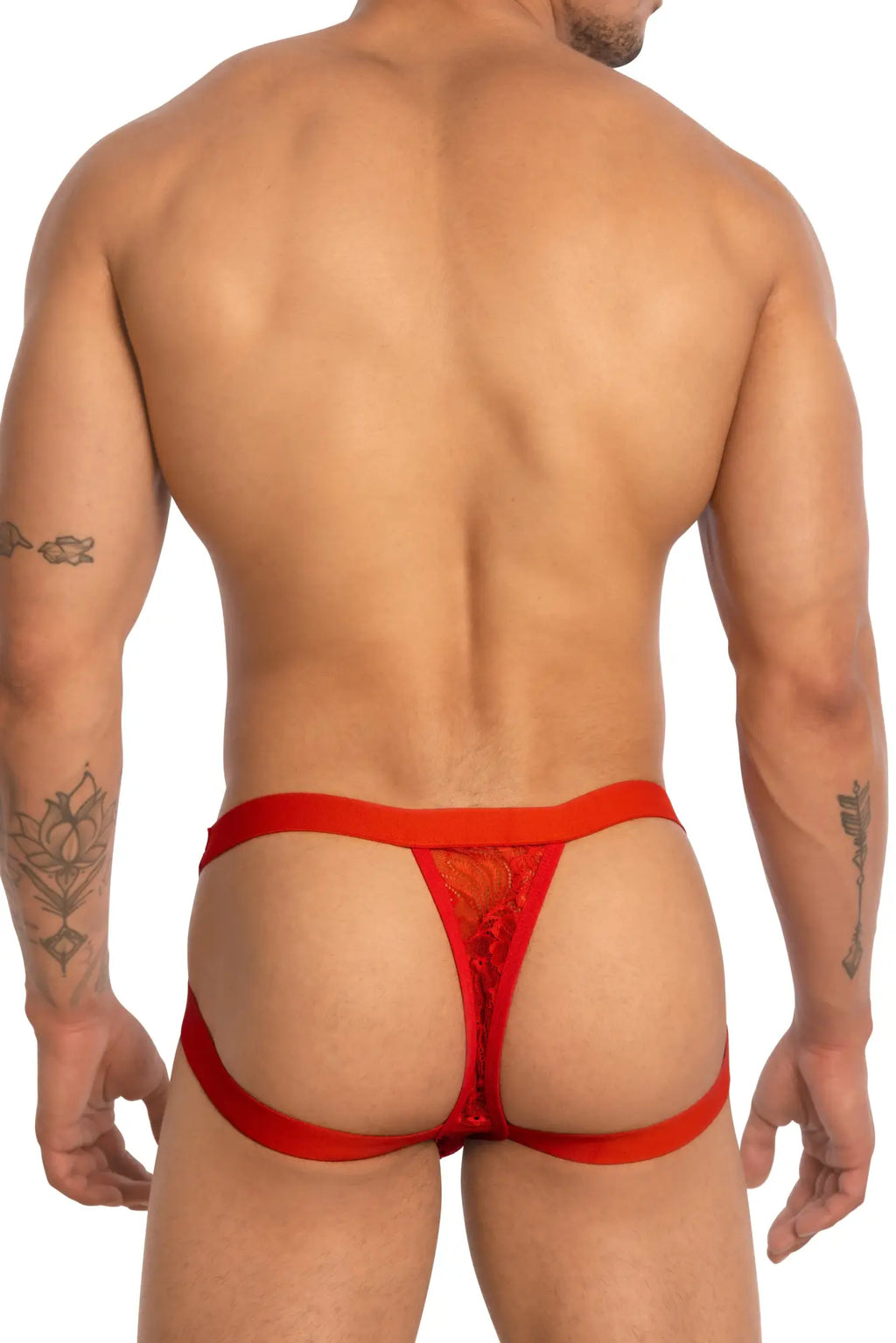 Red lace thong bikini brief with supportive wide waistband and back straps showing the back side by secret male smc0016