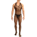 Secret male smc002 black and tan striped mesh bodysuit with halter neckline lace detailing and matching leg coverings