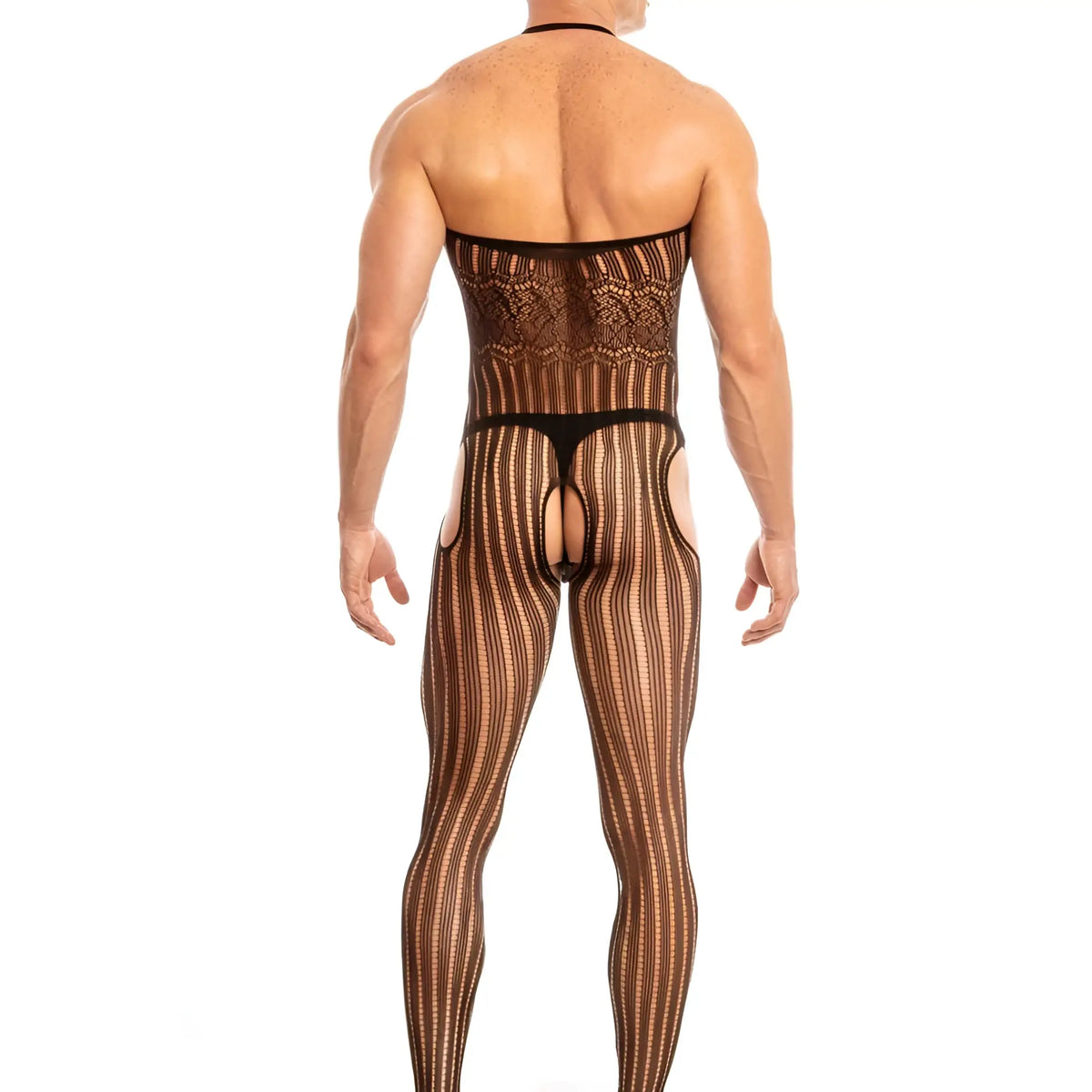 Black and tan striped mesh secret male smc002 bodysuit with lace patterned back shown from the back side