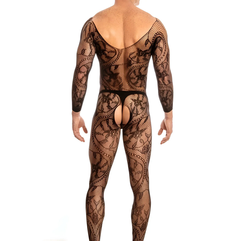 Black lace secret male smc004 bodysuit and harness with intricate floral patterns and mesh texture
