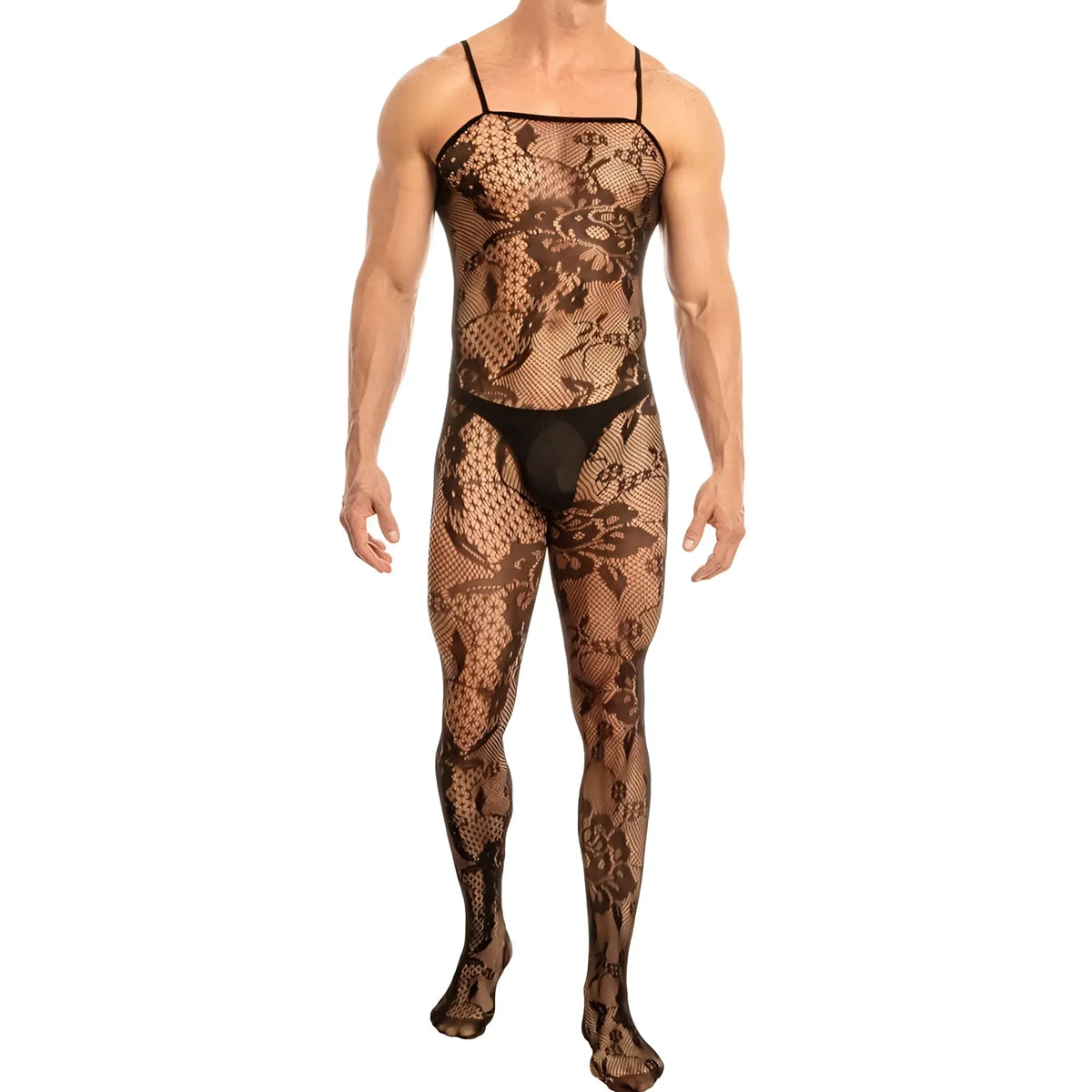 Black lace secret male smc007 bodysuit and harness with intricate floral and dragon patterns in black material